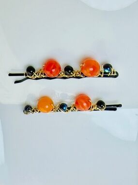 Orange and Black Beads Wire Wrapped Beaded Bobby Pins
